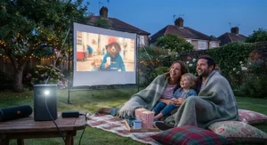 Family sitting on blankets enjoying a movie evening using a battery-powered projector and garden cinema screen.