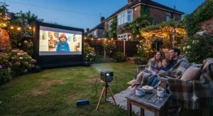 British family enjoying a film together in the back garden using a bright garden cinema projector