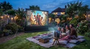 Family enjoying a film outdoors using a portable projector and garden cinema projector screen with cosy blankets
