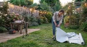An easy-to-assemble folding garden cinema projector screen set up on a lawn for weekend entertainment.