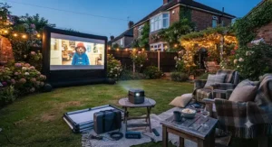 Complete garden cinema projector and screen bundle ready for outdoor entertainment in the back garden