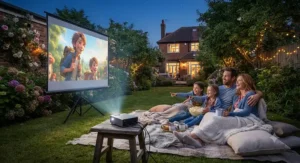 Family enjoying a film on a garden cinema projector screen during a warm British summer evening.