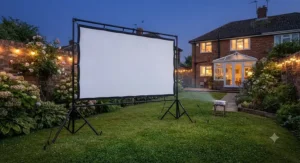 Assembled garden cinema projector screen standing firmly on grass in a suburban garden