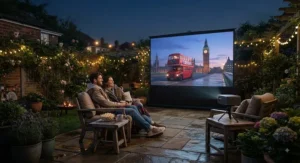 Garden cinema projector screen set up on a British patio for outdoor movie night