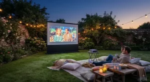 Cosy garden cinema setup featuring a projector screen on a lawn for an outdoor movie night.