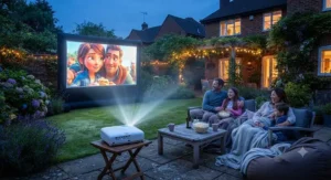 Family enjoying a garden movie night with ambient string lights, showing an ideal outdoor projector brightness level that prevents washed-out images.