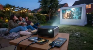 Close-up of a high-definition pico projector streaming a movie from mobile phones onto a widescreen garden cinema setup during a warm summer evening.