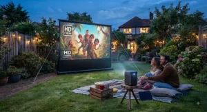 HD portable projector shining onto a large roll-up projector screen in a suburban back garden