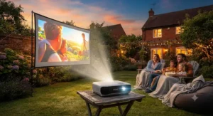 A high-lumen portable projector operating outdoors while the British sun is still setting, showing vivid colours before total darkness.