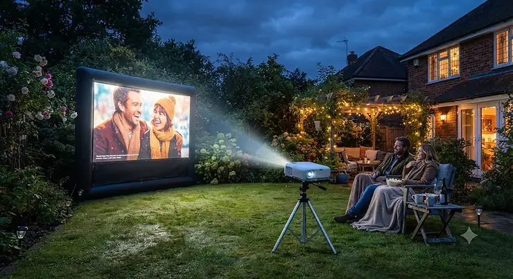 A glowing outdoor cinema screen set up in a British back garden at twilight, demonstrating how many lumens for outdoor projector setups are needed as dusk falls.