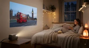 Relaxing view of a small projector for bedroom casting a movie to create a cinema vibe
