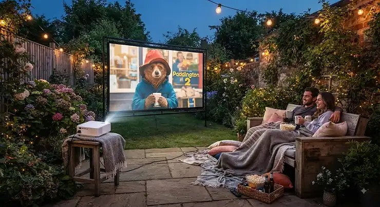 A cosy garden cinema setup featuring a mini projector under £200 and an outdoor screen on a British patio.