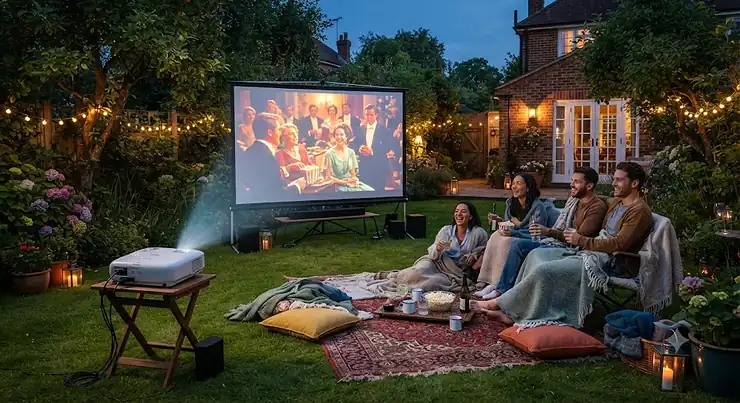 An outdoor cinema projector setup in a British back garden for an evening film screening with friends