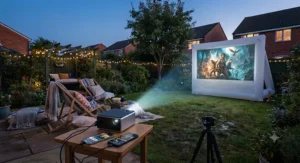 A Bluetooth-enabled pico projector successfully paired with mobile devices, casting vibrant entertainment onto an outdoor garden cinema screen under the stars.