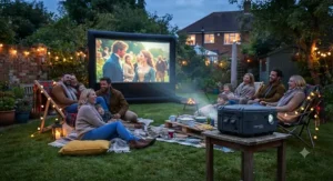 Friends gathered in a back garden enjoying a film evening using the best weatherproof projector on a British summer lawn.