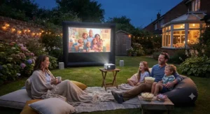 Family enjoying an outdoor movie night in the garden using a portable cinema projector and inflatable screen