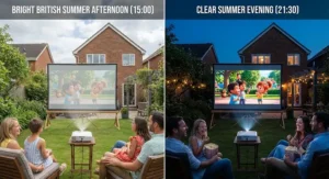 Side-by-side comparison showing an outdoor projector screen during a bright British summer afternoon versus a clear evening to explain projector brightness requirements.