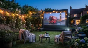Portable projector and garden cinema projector screen ready for an outdoor party