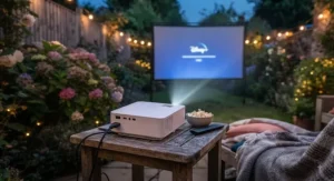 A compact portable mini projector under £200 resting on a garden table ready for an evening movie screening.