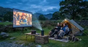 A compact outdoor cinema projector setup powered by a portable generator during a UK camping trip