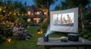 A portable outdoor projector casting a crisp image onto a white sheet hung in a garden.