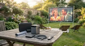 Complete bundle including a portable projector for travel and a folding garden cinema projector screen.
