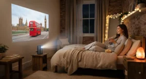 A small, portable projector creating a cozy bedroom cinema experience at home