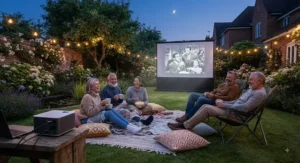 Friends enjoying an outdoor movie night in a British garden using a portable projector.