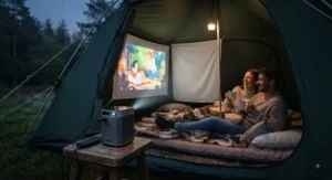 Portable projector for travel being used inside a tent for a camping film screening.