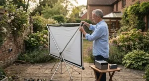Person setting up a lightweight garden cinema projector screen on a patio.