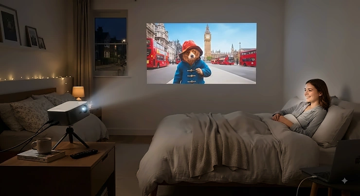 Compact small projector for bedroom mounted on a bedside table displaying a film