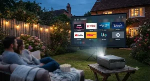 The interface of a smart portable outdoor projector showing streaming apps for garden entertainment.