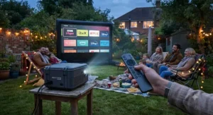User navigating streaming apps on the home screen of a smart best weatherproof projector via a wireless remote control.