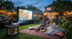 Family enjoying a summer film evening with an outdoor cinema projector setup during twilight