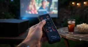 Detailed view of a top-rated outdoor projector interface and remote control being adjusted in the dark.