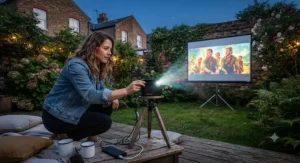 A person adjusting a pico projector to cast a film onto a garden cinema screen in an urban garden.