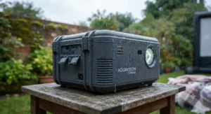 Close-up of a rugged best weatherproof projector featuring IP-rated water resistance during a light British drizzle outdoors.