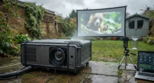 A durable, weatherproof outdoor projector designed to withstand unpredictable British weather conditions.