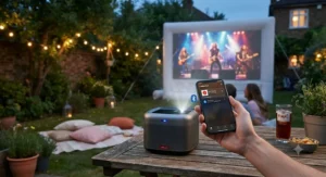 Smartphone wirelessly streaming media via Bluetooth to the best outdoor projector for garden parties.