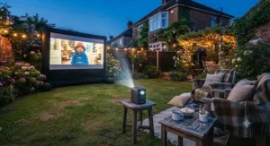 Wireless garden movie projector casting a clear film onto an outdoor screen during a warm summer evening