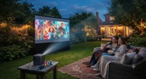 A wireless outdoor cinema projector setup connected to a smartphone for streaming films in the garden