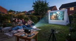 Friends enjoying an outdoor movie night in the garden using a wireless pico projector paired with iOS and Android smartphones for garden cinema entertainment.