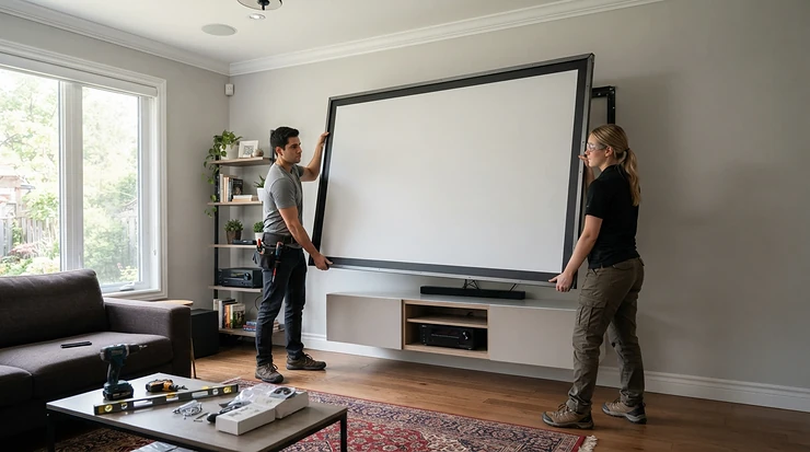 Technicians installing a tensioned acoustically transparent projector screen on a living space wall