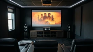 A dedicated home cinema setup showing a perforated acoustically transparent projector screen with front speakers