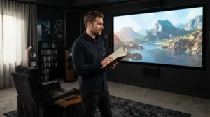 An AV enthusiast reviewing image clarity and audio performance on an acoustically transparent projector screen