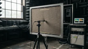 Acoustic testing setup measuring sound attenuation through an acoustically transparent projector screen