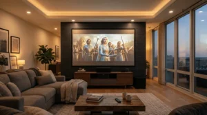 A modern living room featuring a woven acoustically transparent projector screen mounted on a feature wall