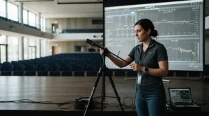 An acoustically transparent screen for Dolby Atmos setup undergoing professional multi-channel sound calibration.