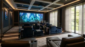 An acoustically transparent screen for Dolby Atmos setup mounted in a bespoke residential home cinema.