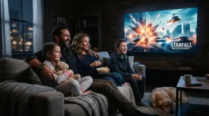 An acoustically transparent screen for Dolby Atmos setup displaying a movie during an evening family viewing.